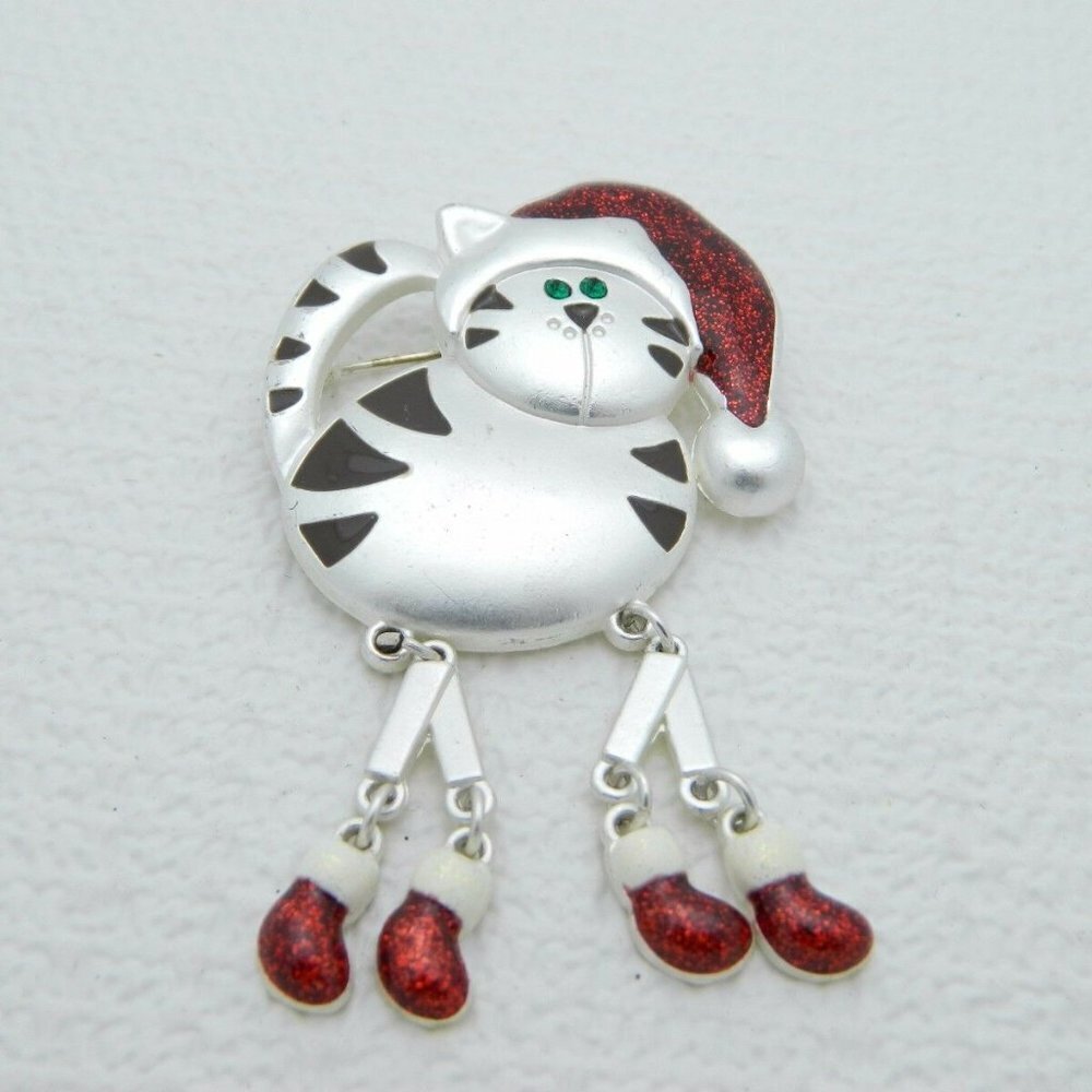Silver Tone Enamel Rhinestone Articulating Cat